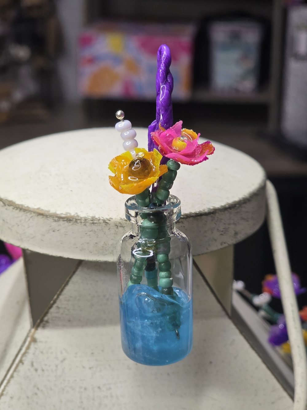 Mini Glass Bottle Vase with Purple, Pink, Yellow Floral Accents